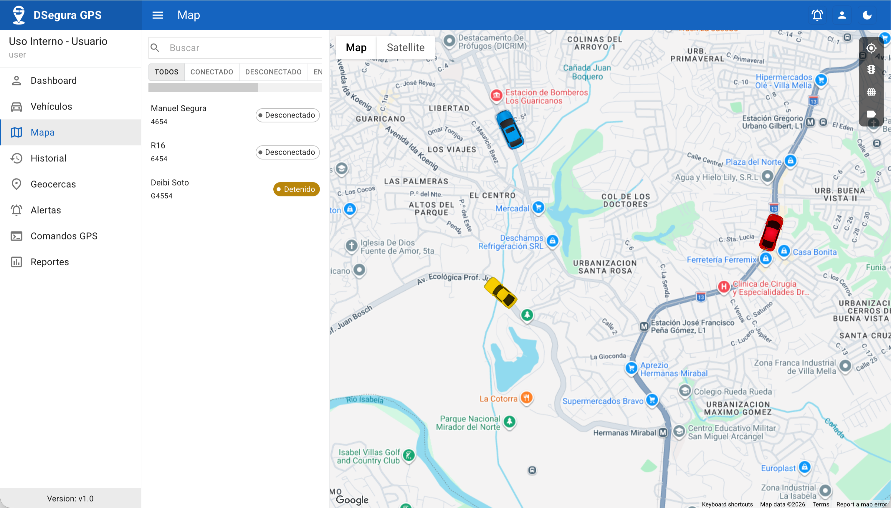 Dashboard de DSegura GPS mostrando resumen de la flota